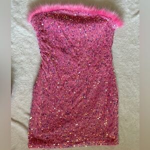 Pink Fur Sequin Mini Dress